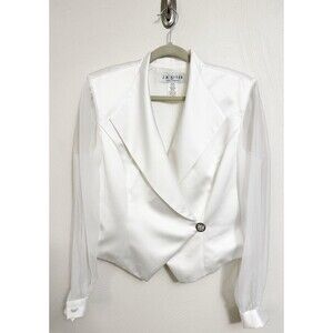 Vtg White Satin Evening Blouse Rhinestone Flare Collar J.R Nites Caliendo Sz 16